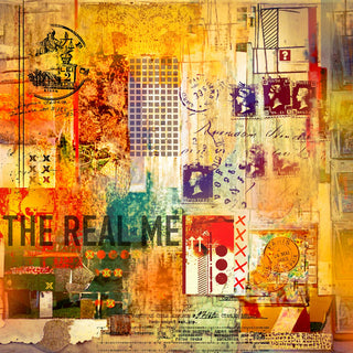 The real me by Dada - grey capitals across a sheet of Penny Black stamps, postmarks and orange washes