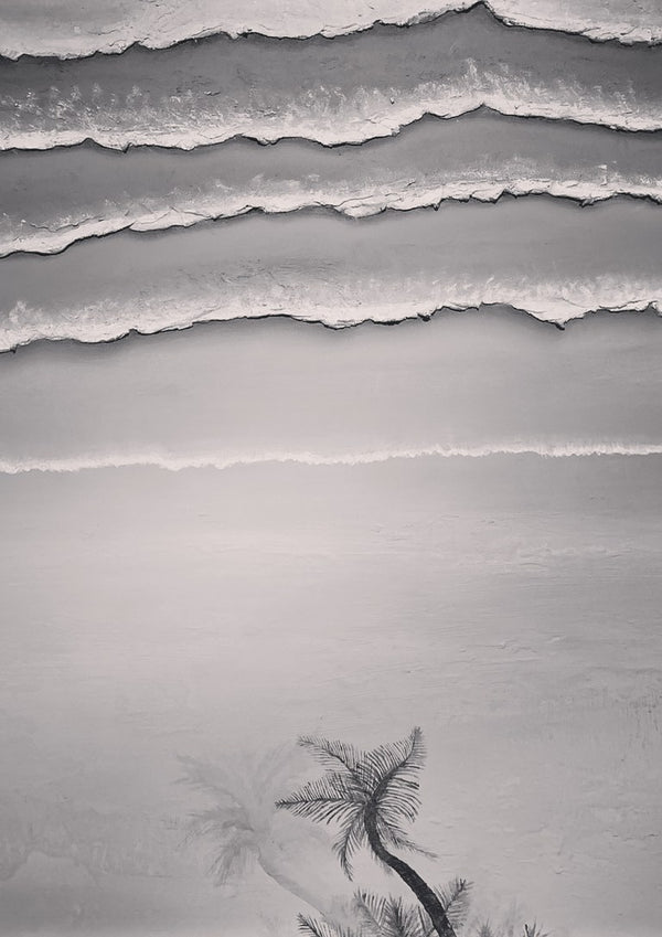 A breath before the shore by KG Studio - four lines of thick white surf and two palms held entirely in greys