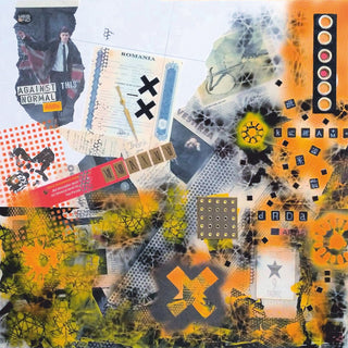 The day when the mole was invented by Dada - orange spray stencils over certificates, Scrabble tiles and studs