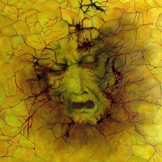 Drought by Cristina Iacob - a face under cracked yellow-green plates threaded with dark red fissures