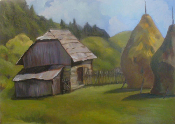 Barn and Haystacks by Cristina Iacob - a grey timber barn and two conical haystacks on a green hill slope
