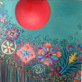 Red Sun over the Motifs by Cristina Iacob - a flat red sun over raised folk embroidery shapes on deep teal