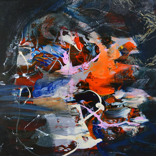 The Wonderful Morning Dreams of Alice (43) by Ovidiu Kloska - blaze of orange, red and cobalt abstract on a deep navy ground
