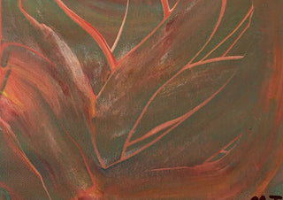 October by Maria-Tia - coral leaf-vein lines fanning over an olive and rust ground