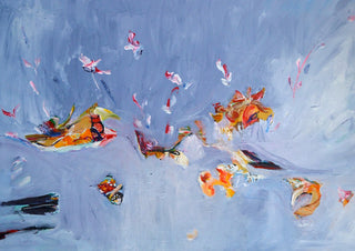 INSIGHT by William Cáceres - abstract bursts of orange and red on a hazy lavender blue field