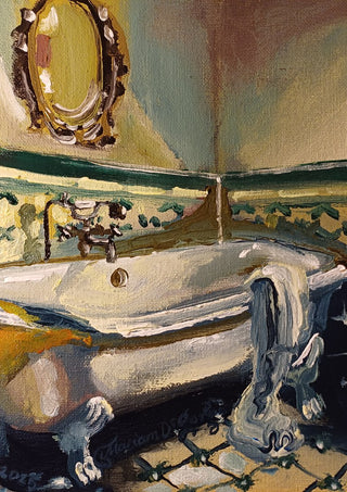 Grandma's bathroom by Mariam De Giorgio - white claw-foot bathtub below green tiles and a gilded oval mirror