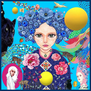 La belle Jeannette by Lucrezia Solena - freckled woman crowned with blue flowers beside a black panther on sky blue