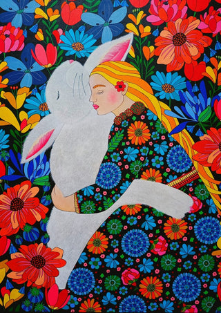 Lapin calin by Lucrezia Solena - woman with golden hair hugging a white rabbit among bright flowers