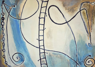 Stairway to Heaven by Art Guveau - abstract painting with a black ladder and looping lines on blue and cream