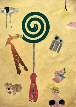 Sunday Morning Gathering by Art Guveau - surreal painting of floating objects with a green spiral on ochre