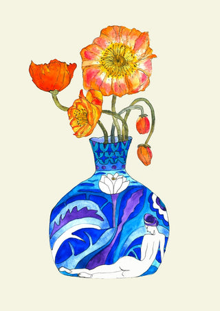 Laides Poppy by Marjorie Salvagni - orange poppies in a cobalt vase painted with a reclining figure