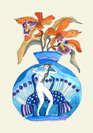 Laides Orange Orchid by Marjorie Salvagni - orange orchids in a blue vase painted with a standing figure