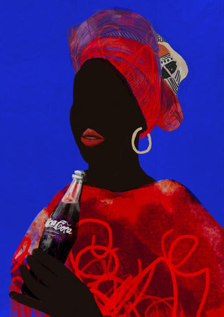 Mmapula by Monyuri - woman in a red head wrap holding a Coca-Cola bottle on cobalt blue
