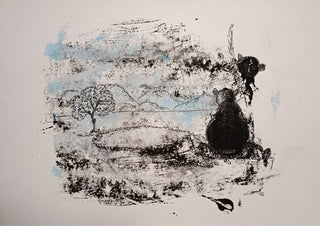 Der Wächter am See · The Guardian by the Lake by ELIZA Leopold - black bear on a misty ink-printed lakeshore