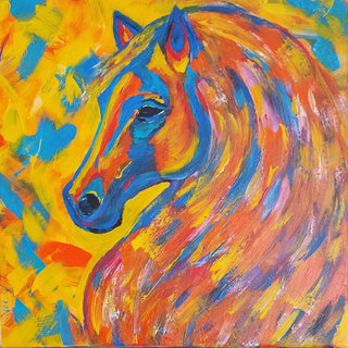 Mane of Wild Fire by Igor Kotnik Art - blue and orange horse head with a swirling mane on yellow