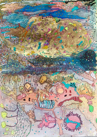 Coral Kingdom by Debbie Seenan - pale pink reef with gold and blue bands and tiny sea creatures