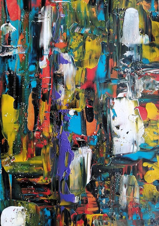 Lagoon by Igor Kotnik Art - thick vertical strokes of turquoise, cobalt, yellow and red on dark