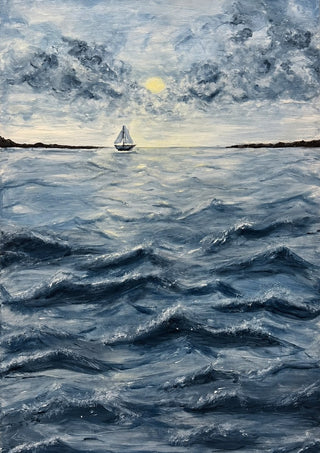 Ocean for my sister by Maya - rolling navy waves with a small white sailboat under a pale sun