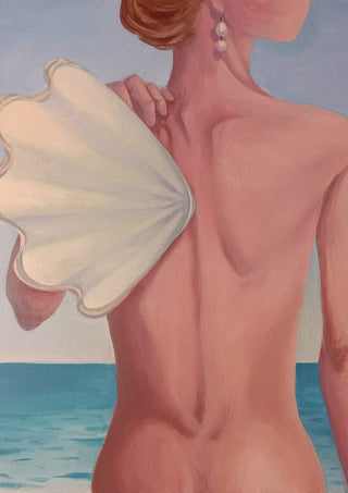The wing by NeReid - woman seen from behind with a cream scallop shell on her shoulder by a turquoise sea