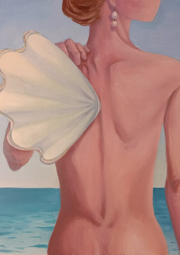 The wing by NeReid - woman seen from behind with a cream scallop shell on her shoulder by a turquoise sea