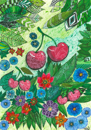 Cherries and Blue Flowers by JHN.ByHjort - red cherries among patterned green leaves and blue and purple flowers