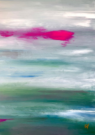 Scarlet sunset 2 by Marina Agre - abstract bands of grey, teal and green with a streak of magenta