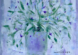 Violet Flowers in a Vase by Marina Agre - green leaves and violet flowers in a lilac vase