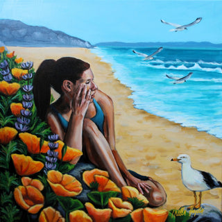 A New Horizon by Nella Hajdu - woman on a beach rock among poppies with seagulls