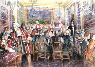 A Restaurant by Designus - crowded restaurant hall under chandeliers with a man in a red coat