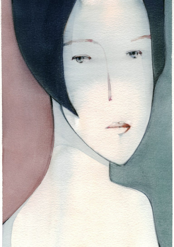 A Child by Designus - watercolour portrait with a black bob against rose and teal