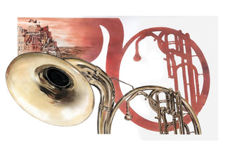 Sounds of Pieter Breughel by Designus - shining brass horn against a rose red coastal scene