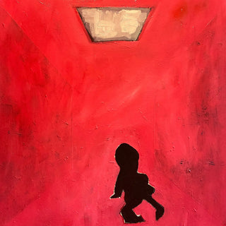 Out there, a softer sky by Nectarios Livisianos - small figure in a red room under a cloudy skylight