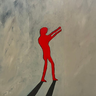 They were never born by Nectarios Livisianos - red figure with two long shadows on pale grey
