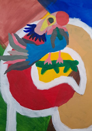 Befriad fågel by Hampus Nerén - blue bird with pink head in a red outlined form