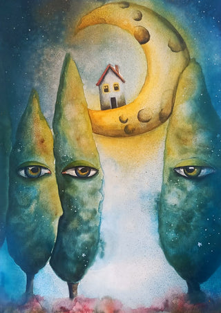 Whispering Trees by Evgenia Smirnova - teal cypress trees with eyes and a house on a moon