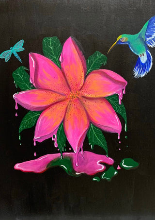 Flora e Fauna by KG Studio - pink flower with hummingbird and dragonfly on black
