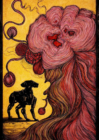 End Of Illusion by Tt2art - flowing pink line form and a black robot dog on yellow