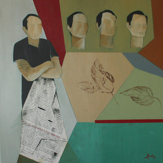 The Abyss Between Us by Jorge Rocha - figure made partly of printed text among flat colour planes
