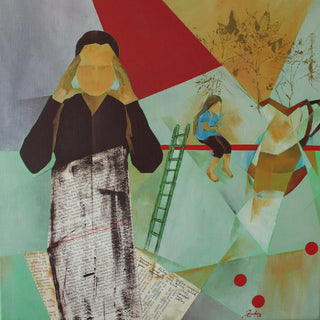 They Gave Off a Bitter Scent by Jorge Rocha - figure with hands to her head beside a green ladder