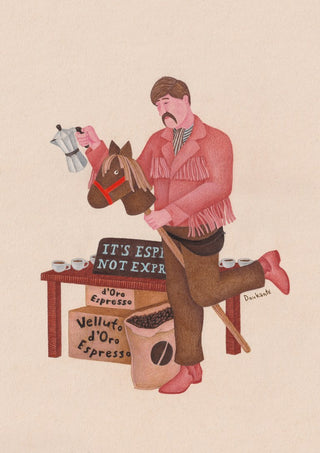 Coffee side hustle by Daukantė - man on a hobby horse holding up a moka pot