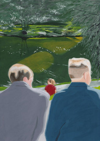 Koselig by Jaron Su - two men and a child at a green pond