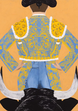 Butt fighter by Jaron Su - matador in a blue and gold suit with a bull behind him