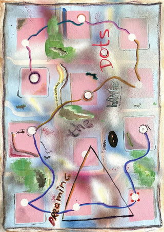 Dreaming The White Dots by Art Guveau - grid of pink squares joined by a winding path of white dots with hand-lettered words