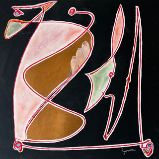 Three Toes by Art Guveau - looping red and white lines with pink shapes and a bronze form on black