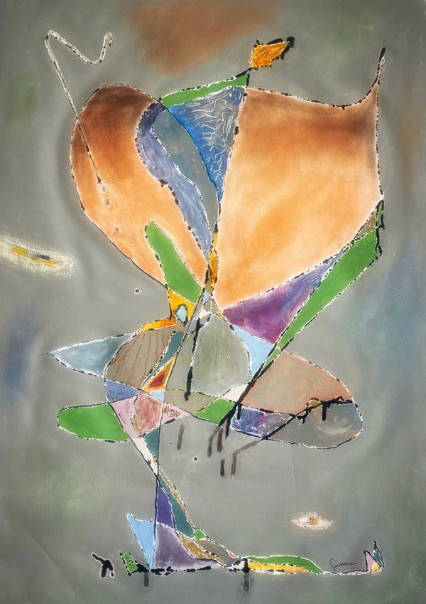 Butterfly by Art Guveau - abstract butterfly with soft orange wings and coloured triangles on a grey-green background