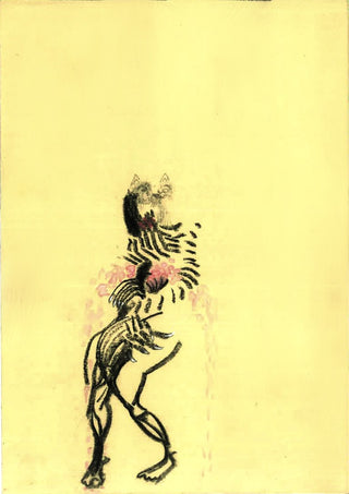 Gift by Alice Ruja - small striped creature rearing up, drawn in black ink on pale yellow paper