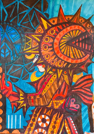 Welcome by ALEX - patterned orange sun face with a small figure against a blue triangle mosaic
