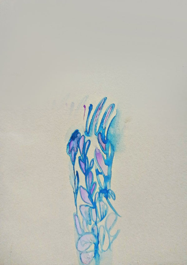 Blue ChrysAlice by Alice Ruja - single watercolour sprig in blue and violet on a pale grey background