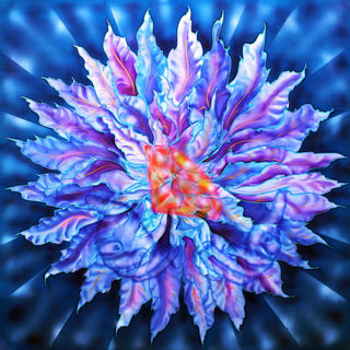 Dream of a Lifetime by Walter Zettl - bursting violet and blue flower with a glowing red centre on a deep blue background