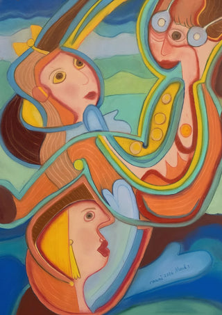 Three pilots by Gerard Ceulemans - three pilots in helmets among orange and turquoise ribbons in a blue and green sky